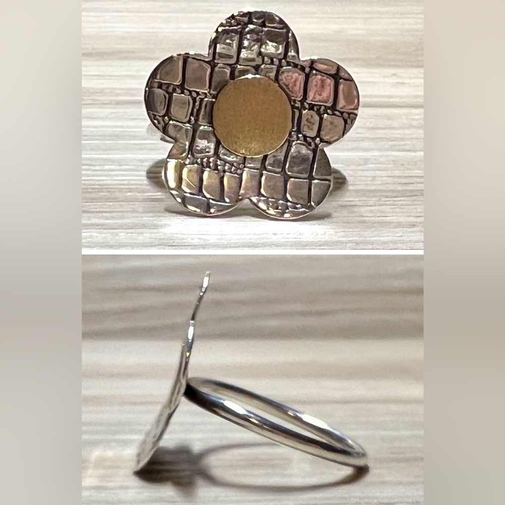 Retro Designer Sterling Silver & Gold Modernist Textured Flower Ring, Size 8